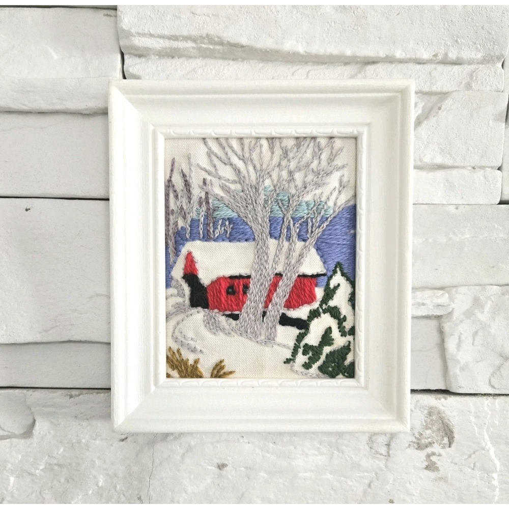Framed Vintage Winter Covered Bridge Scene Crewel Embroidery Landscape 6" X 5"